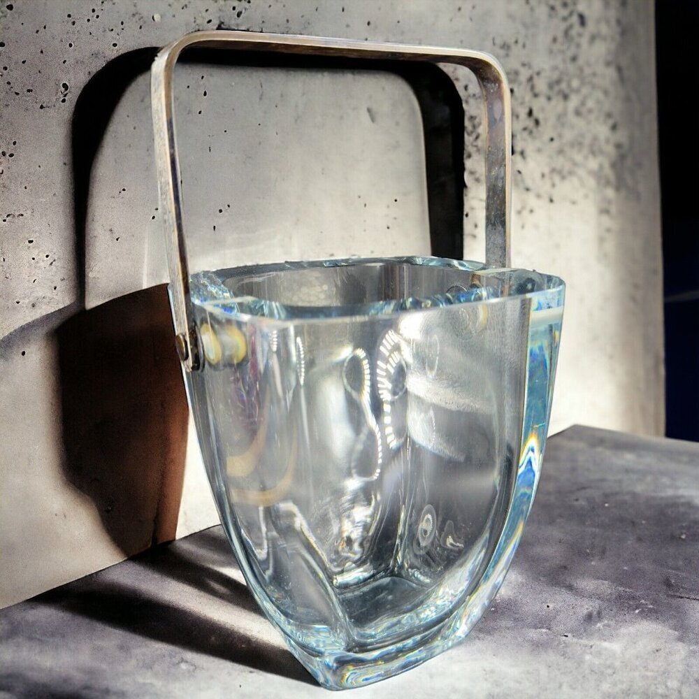 Strombergshyttan Clear‎ Thick Heavy Glass Ice Bucket with Silver Tone Handle HRH